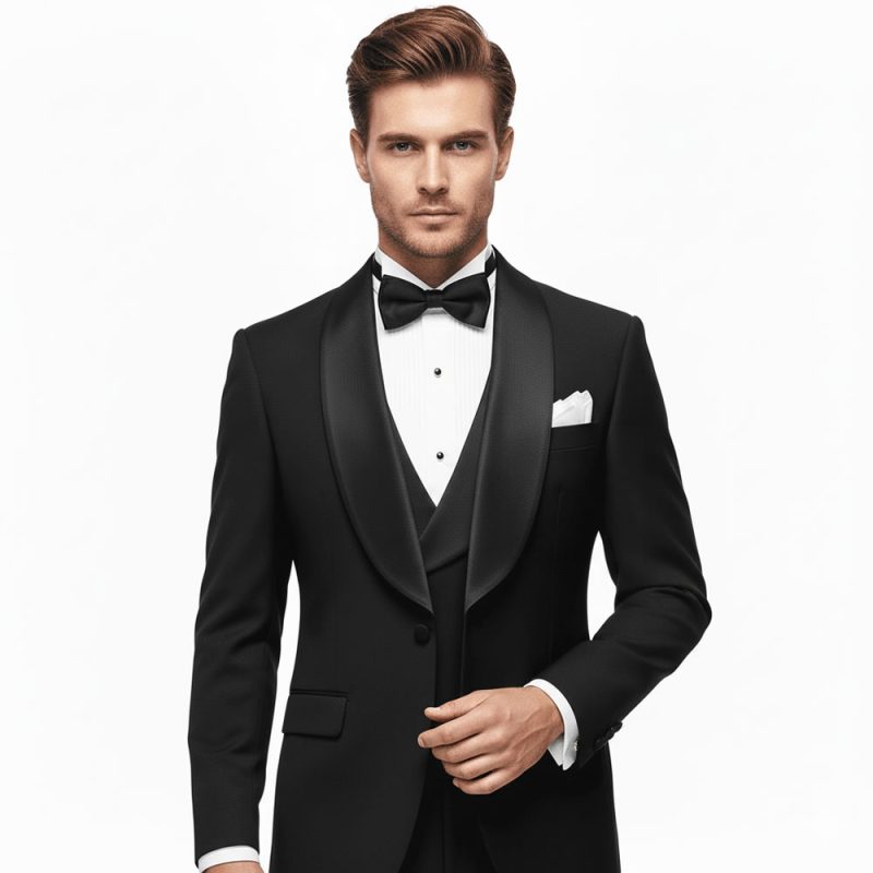 Men Wear Black Tuxedo With Satin Black Shawl Lapel Close Up View