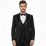 Men Wear Black Tuxedo With Velvet Satin Trimmed Lapel Close Up View