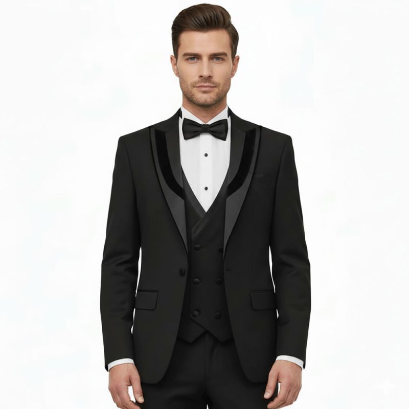 Men Wear Black Tuxedo With Velvet Satin Trimmed Lapel Close Up View