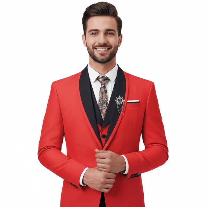 Red Tuxedo Wedding Suit For Men Close Up