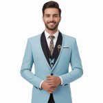 Sky Blue Tuxedo Wedding Suit For Men Close Up View