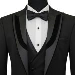 Men Wear Black Tuxedo With Velvet Satin Trimmed Lapel Close Up View