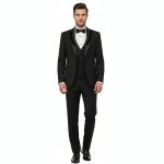 Men Wear Black Tuxedo With Velvet Satin Trimmed Lapel Close Up View