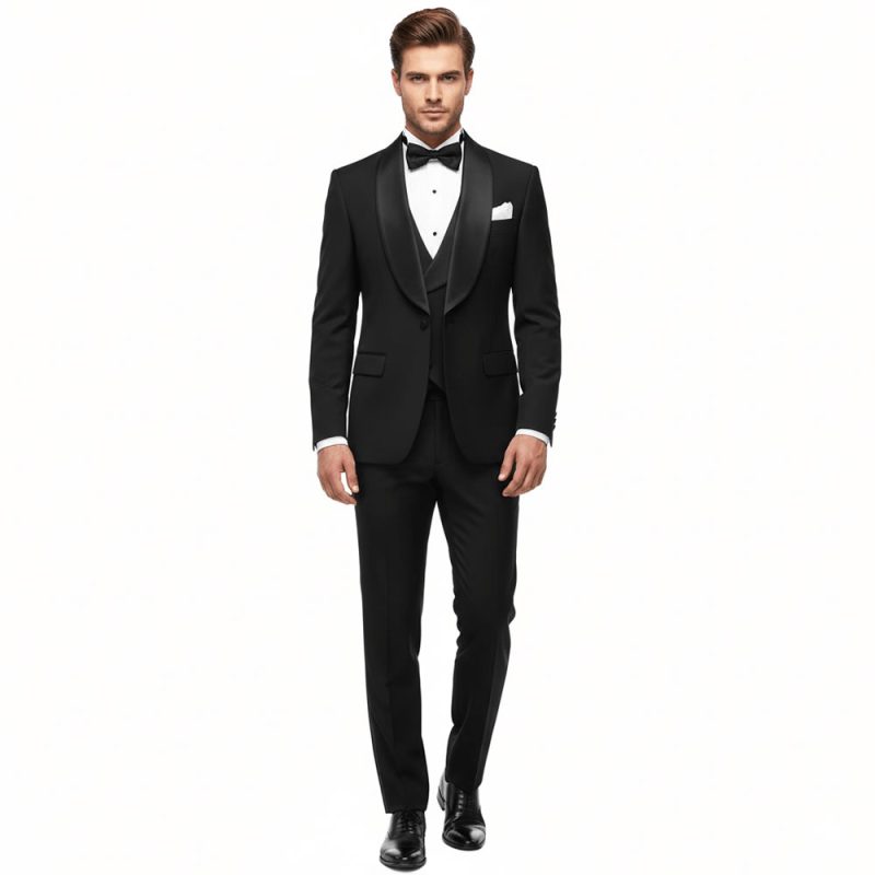 Men Wear Custom Black Tuxedo With Satin Black Shawl Lapel Front View