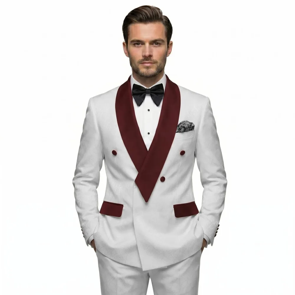 Texture White Tuxedo with Maroon Lapel by Andre Emilio