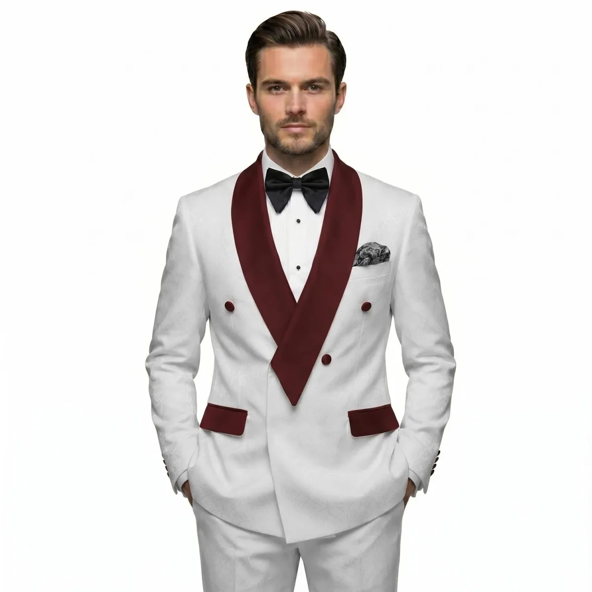 Texture White Tuxedo with Maroon Lapel by Andre Emilio