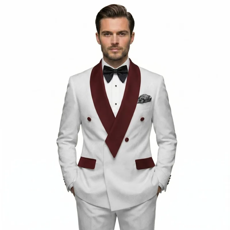 Texture White Tuxedo with Maroon Lapel by Andre Emilio