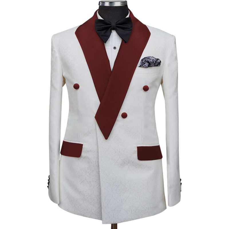 Texture White Tuxedo With Maroon Lapel
