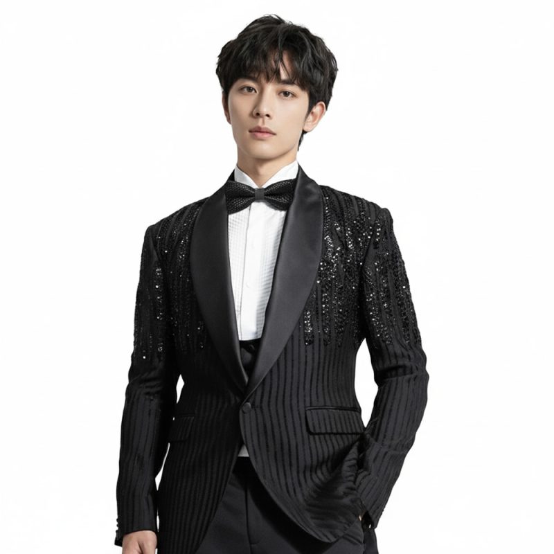 Luxury Black Tuxedo With Hand Stone Work For Men
