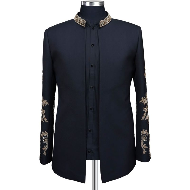 Men's Golden Embroidered Open Front Blazer