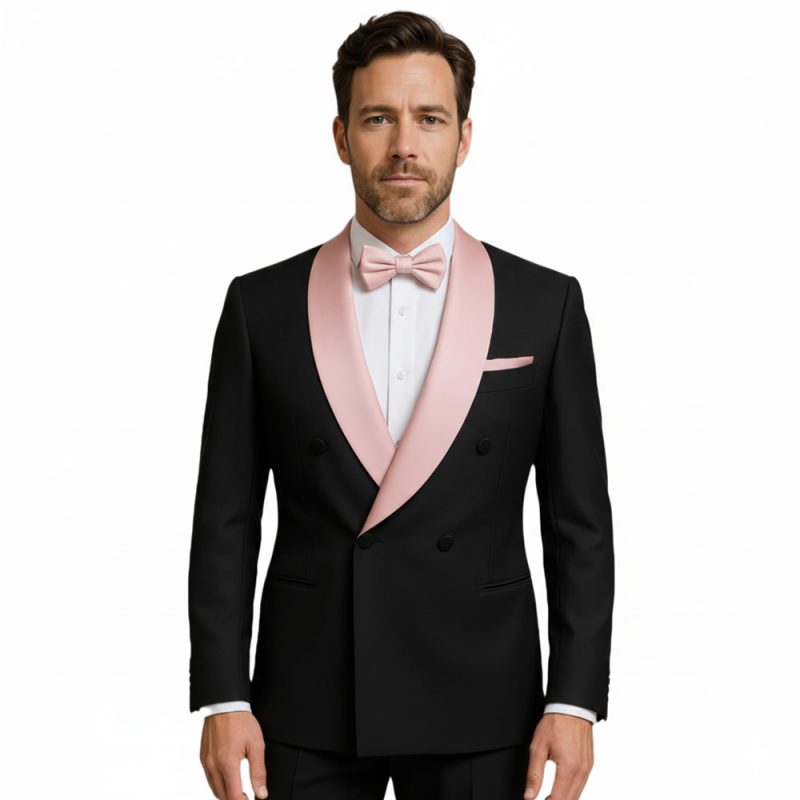 Custom Black Tuxedo With Pink Lapel For Men