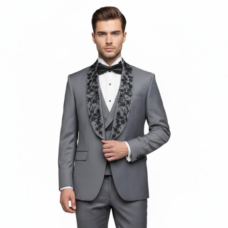 Custom Grey Tuxedo With Black Floral Embroidery For Men