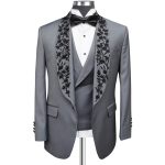 Custom Grey Tuxedo With Black Floral Embroidery For Men