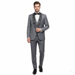 Custom Grey Tuxedo With Black Floral Embroidery For Men