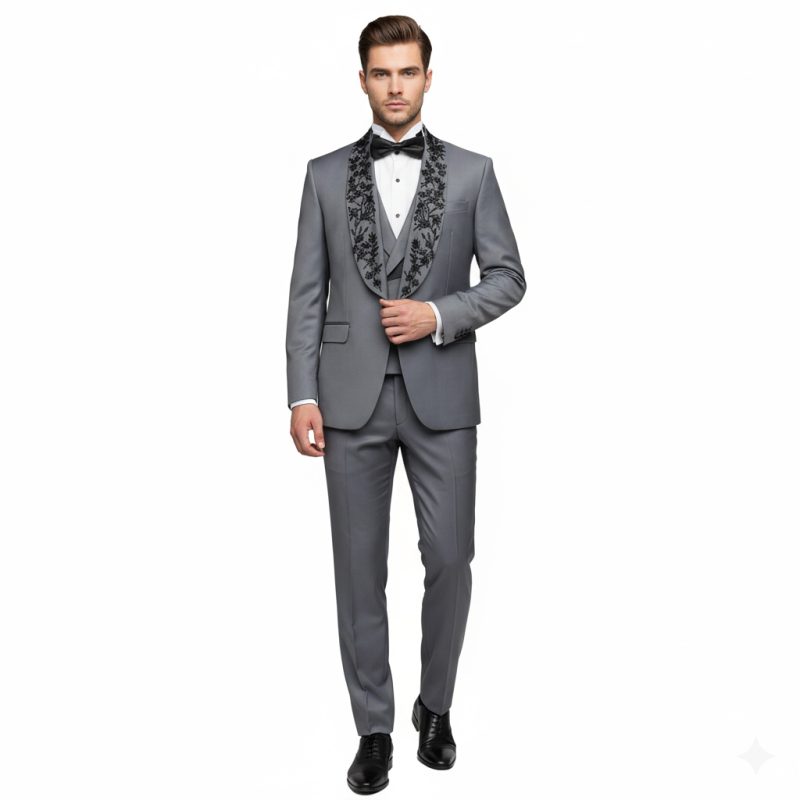 Grey Tuxedo With Black Floral Embroidery For Men