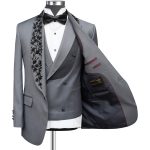 Custom Grey Tuxedo With Black Floral Embroidery For Men