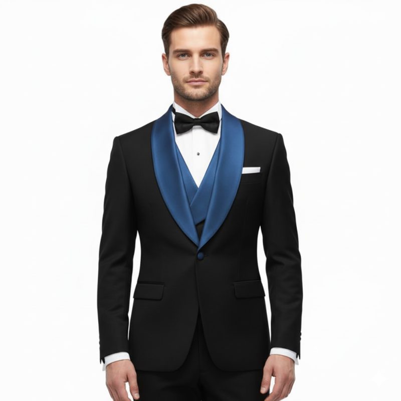 Custom Made Black Tuxedo With Navy Blue Lapel For Men