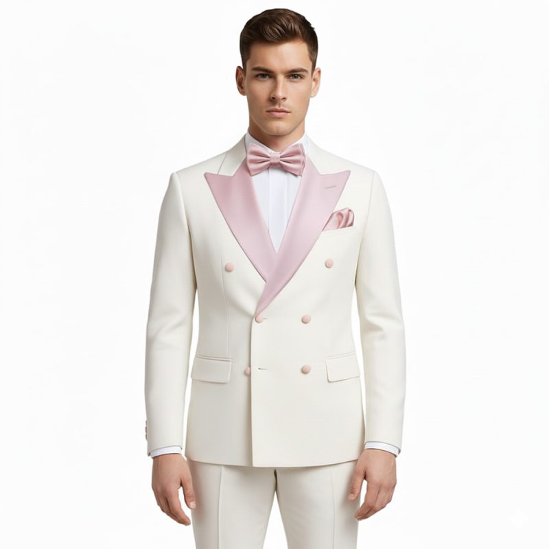 Custom Made White Tuxedo With Pink Lapel For Men