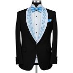 Custom Black Tuxedo With White Lapel And Blue Embroidery For Men