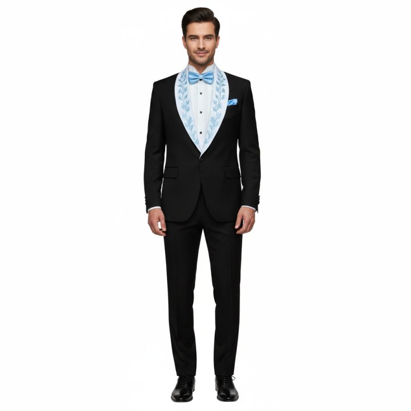 Black Tuxedo With White Lapel Blue Embroidery For Men