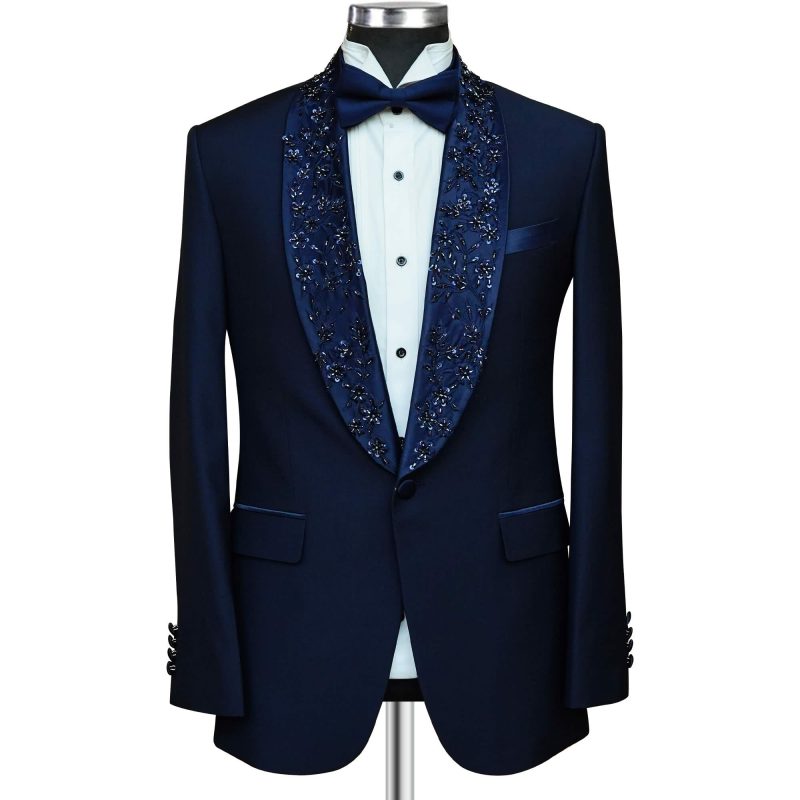 Blue Embroidered Shawl Lapel Tuxedo