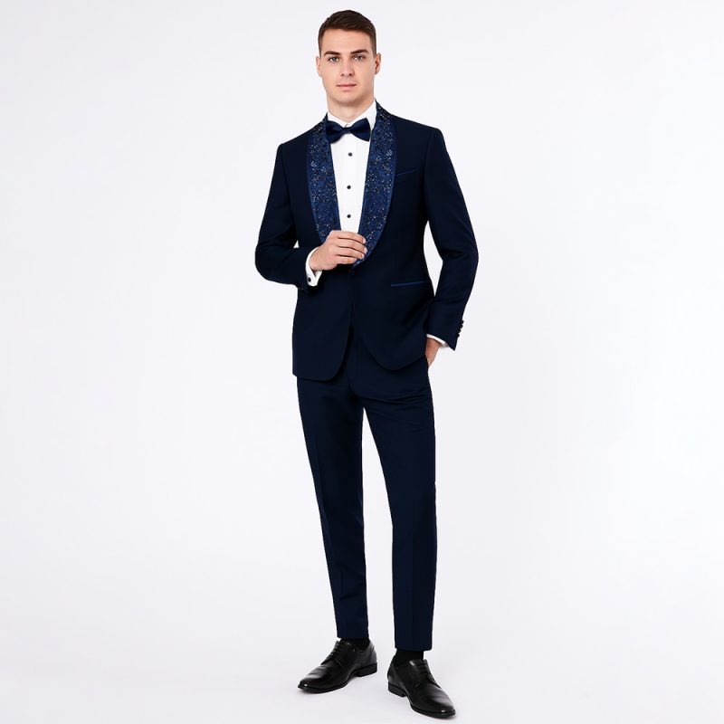 Blue Embroidered Shawl Lapel Tuxedo For Men