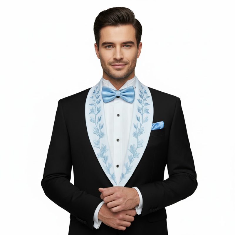 Custom Black Tuxedo With White Lapel And Blue Embroidery For Men