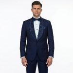 Custom Blue Embroidered Shawl Lapel Tuxedo For Men