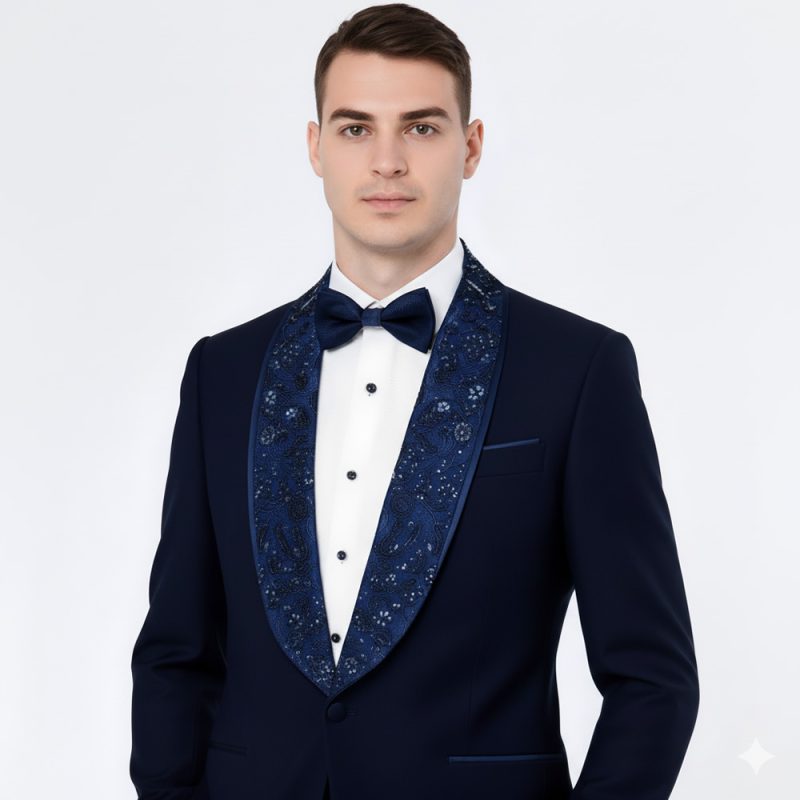 Custom Made Blue Embroidered Shawl Lapel Tuxedo For Men