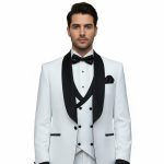 Custom White Shawl Lapel Tuxedo With Black Contrast For Men