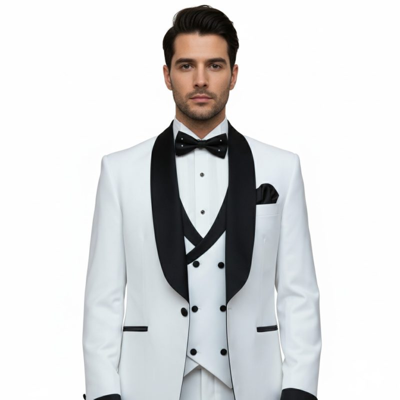 Custom White Shawl Lapel Tuxedo With Black Contrast For Men