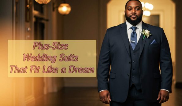 Confident plus-size groom in custom navy tuxedo from Andre Emilio, standing indoor at wedding venue