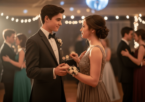 boy wears a Brown tuxedo suit, and the girl wears a Brown Dress at prom