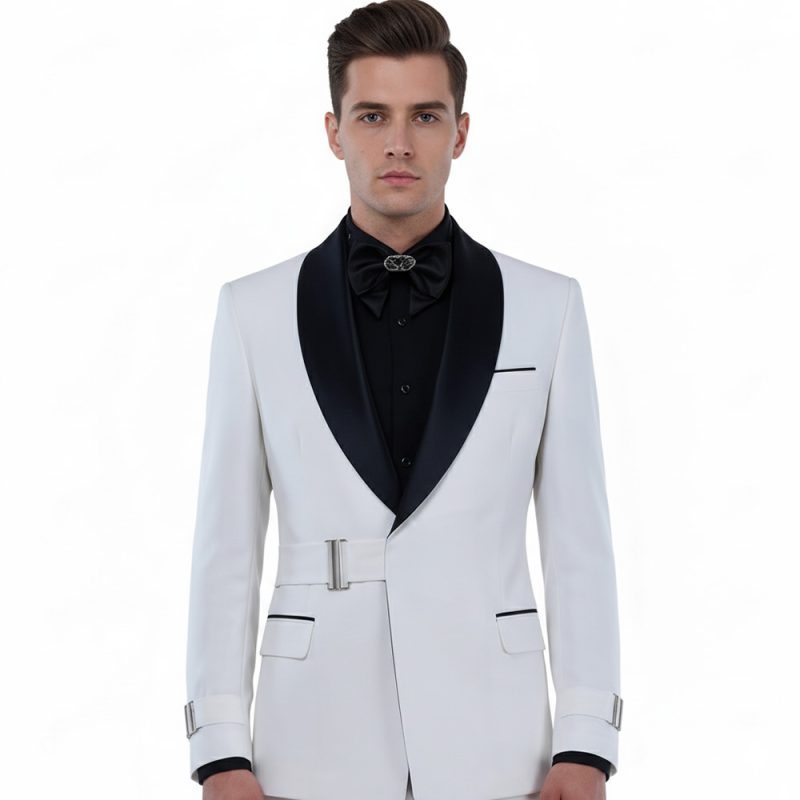 Custom Made White Shawl Lapel Tuxedo With Buckle Closure For Men