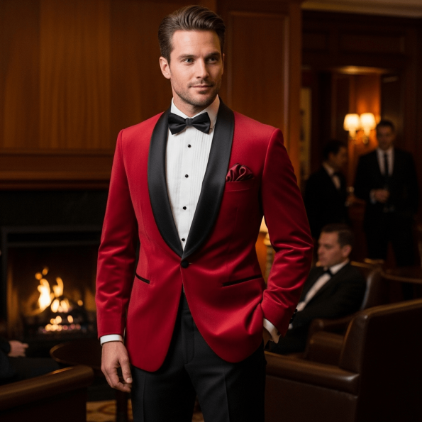Man wears Customized red Velvet Tuxedo