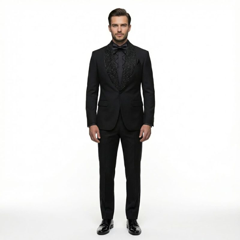 Men's Beaded Stone Black Tuxedo With Black Tuxedo Pant