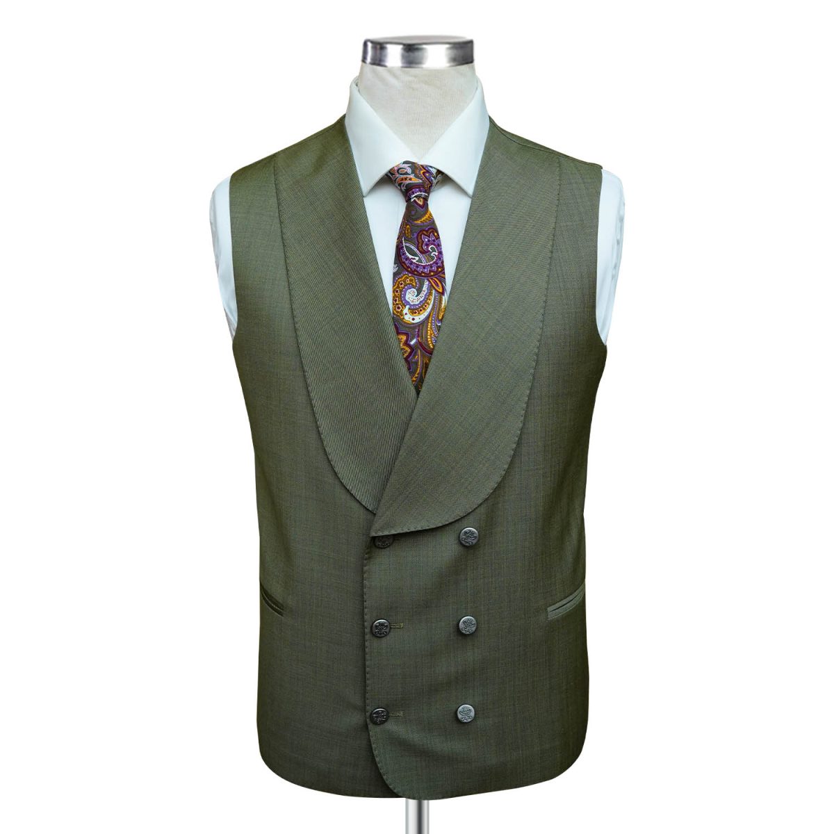 double-breasted green waistcoat with peak lapel jacket
