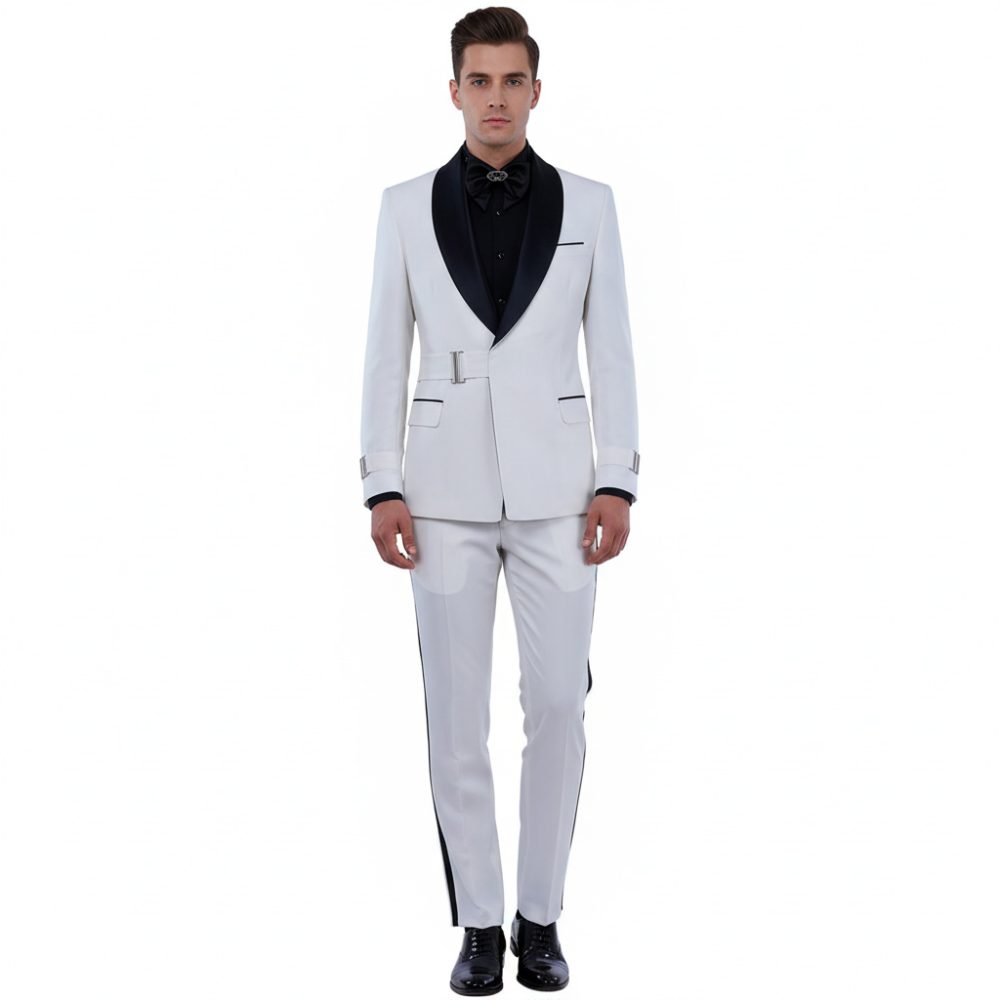 White Shawl Lapel Tuxedo With Buckle Closure For Men