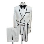 Custom Floral Jacquard Belted Tuxedo With Black Piping For Men