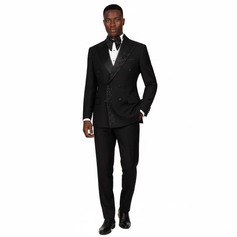 Black Tuxedo With Hand Made Floral Beads Embroidery Lapel For Men