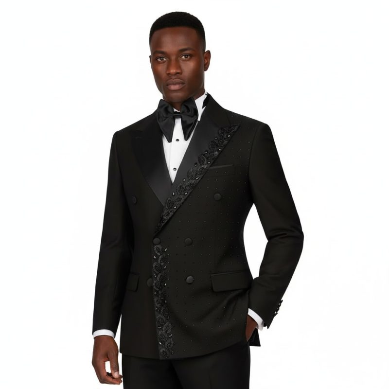 Custom Black Tuxedo With Floral Beads Embroidery Lapel For Men