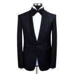Custom Made Black Tuxedo With Stone Work Lapel For Men
