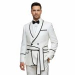 Custom Floral Jacquard Belted Tuxedo With Black Piping For Men