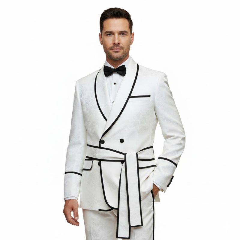Custom Floral Jacquard Belted Tuxedo With Black Piping For Men