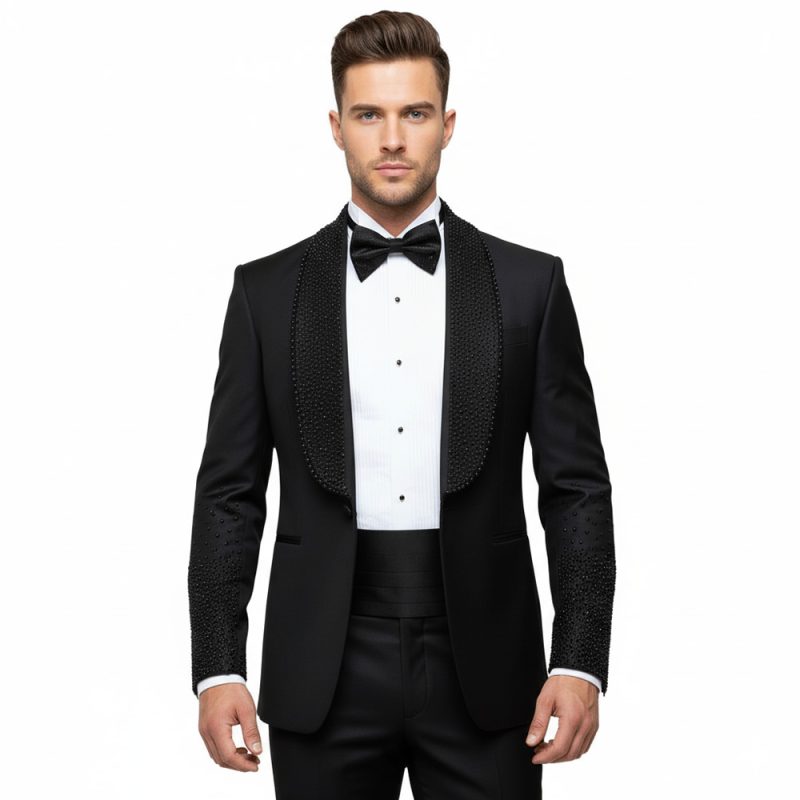Custom Made Black Tuxedo With Stone Work Lapel For Men