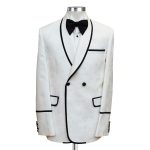 Custom Floral Jacquard Belted Tuxedo With Black Piping For Men