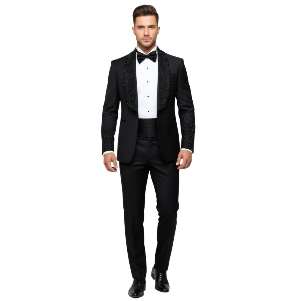 Men Black Tuxedo With Stone Work Lapel