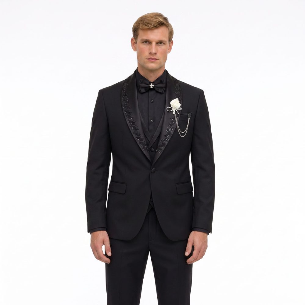 Andre Emilio Black 3 Piece Tuxedo Suit With Shawl Lapel For Men