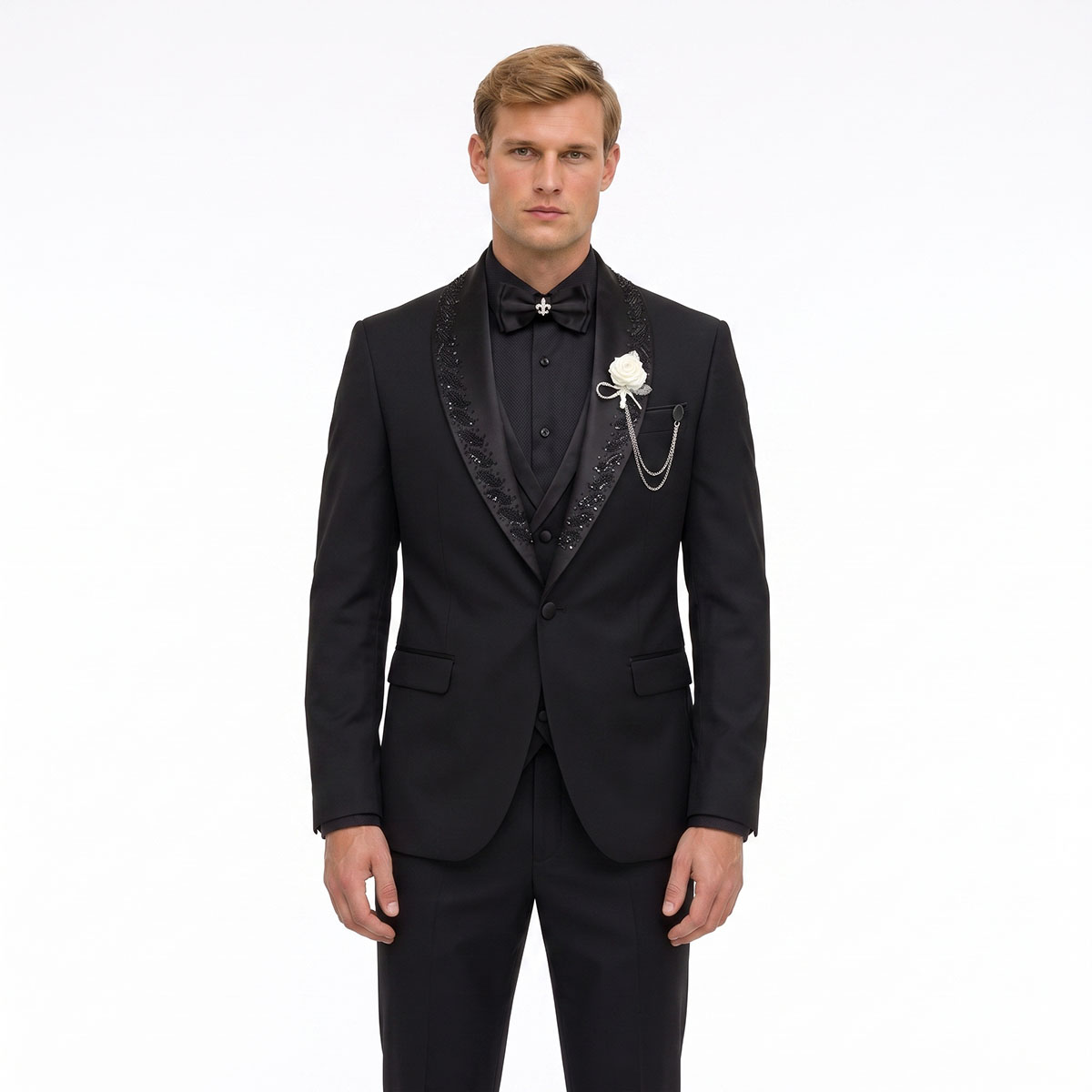 Andre Emilio Black 3 Piece Tuxedo Suit With Shawl Lapel For Men