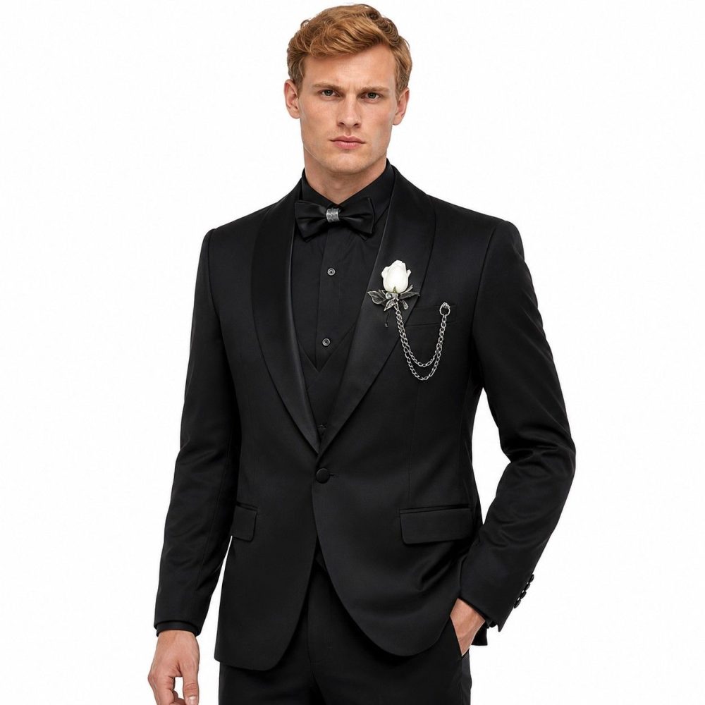 Black 3 Piece Tuxedo Suit With Shawl Lapel